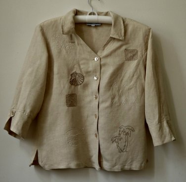 Robert Louis 3/4 Sleeve*V-Neck*Button Down Shirt*Embroidery Design*Size M*