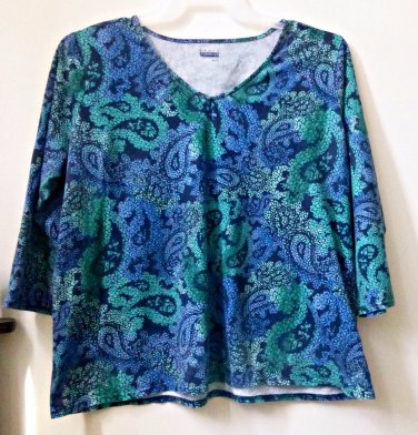 Basic Editions Size XL Long Sleeve V-Neck Paisley Casual Top Multi-Color Cotton