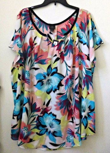 PLUS NWT WORTHINGTON Size 2X Woman White Multi Color Short Sleeve Blouse Floral
