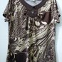 Stephanie Rogers by Fashion Trend Size L Short Sleeve Key Hole Top Brown Floral