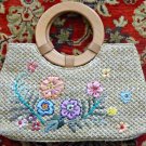 Beige Straw Bag with Floral Design with Sequins Embellishment Wooden Handles