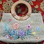Beige Straw Bag with Floral Design with Sequins Embellishment Wooden Handles
