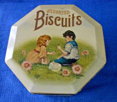 VTG Assorted Biscuits Tin/Canister Boy & Girl Design Hexagon Shape 4''X5.5''