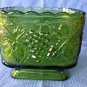 VTG Indiana Glass Green Raised Grape Design Square Candy Dish Footed Scalloped