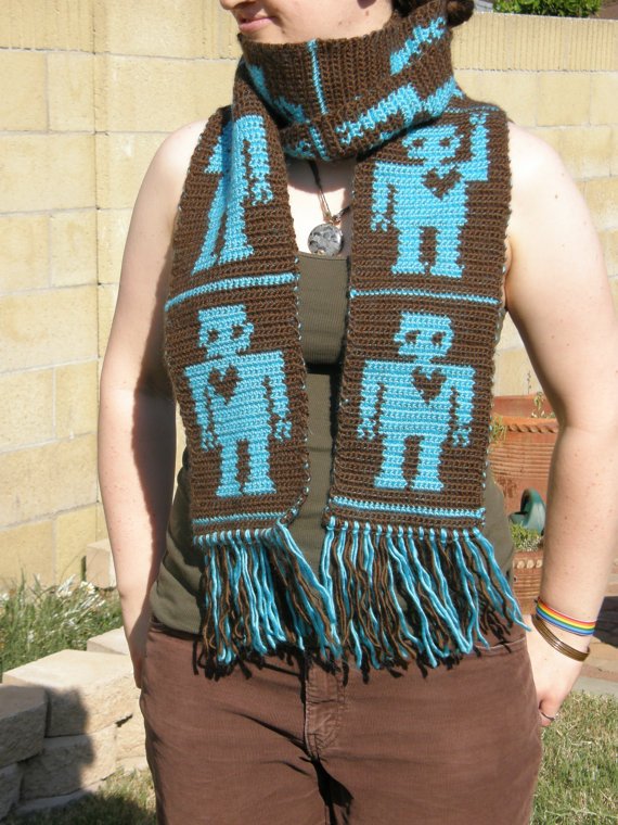 Tapestry Crocheted 100% Wool Robot Scarf | Handmade | Turquoise and Brown, 6in fringe