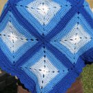 $83.50  3 Tone Blue and White Acrylic Crocheted Afghan 40 X 40 Inches Dark Blue Shell Stitch Edging