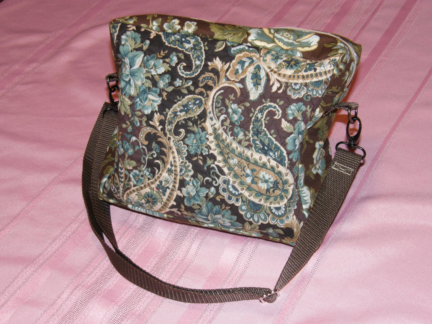 $30 9 x 7 1/2 Inch Ladies Shoulder Bag - Blues and Browns Quilted Paisley