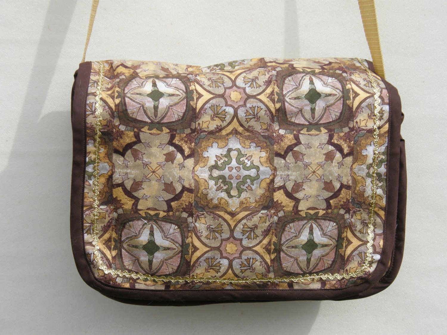 $60 Shoulder Bag - Brown and Gold Spanish Tiles with Brown Edging and Gold Ric Rac - 9 X 12 Inches