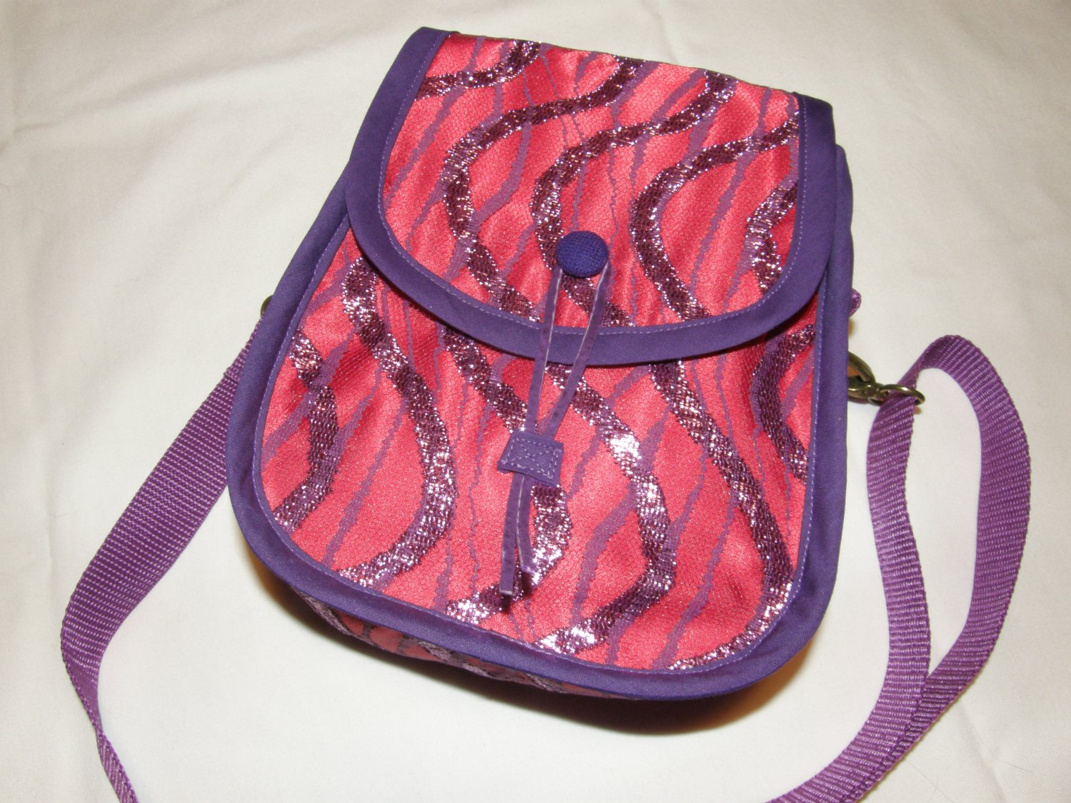 $50  Red Hat Ladies Pouch Shoulder Bag&acirc;��Red Sateen with Purple Decorative Netting&acirc;��7 X7X3in