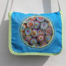 $45 SALE ITEM-Shoulder Bag-Turquoise-Multi Colored Circles Edged in Spring Green-Top Stitching