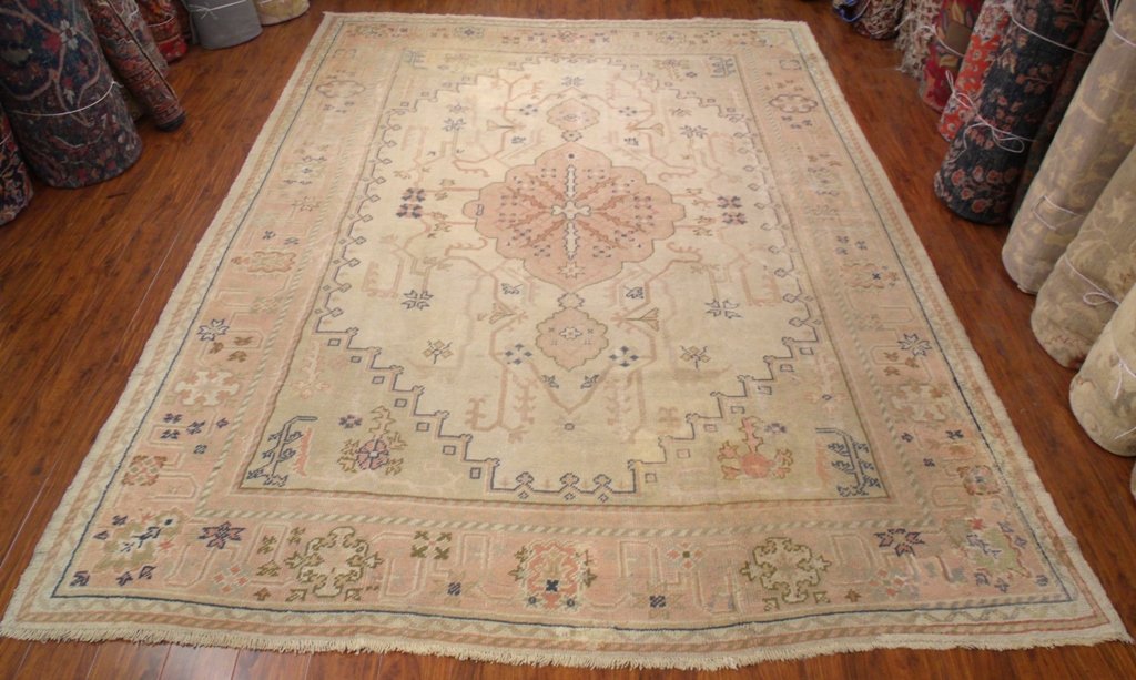 ANTIQUE 1880s THURKISH OUSHAK CENTER MEDALLION DESIGN VEGE DYE COLORS BEIGE SALMON