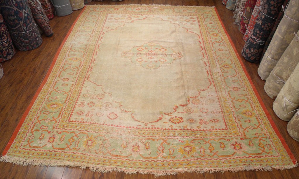 ANTIQUE 1850s THURKISH OUSHAK CENTER MEDALLION DESIGN VEGE DYE COLORS BEIGE MINT ORANGE 100% WOOL