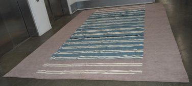 ORIENTAL RUG HANDMADE DHURRIE COTTON CHENILLE MOCHA TURQUOISE WHITE WIDE STRIPES COAST STYLE