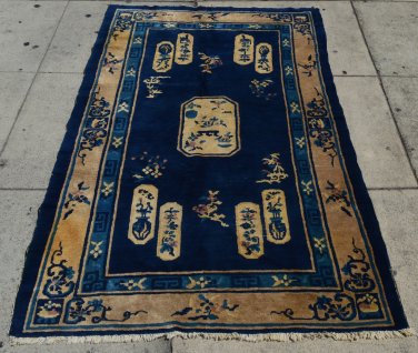 Peking Chinese  Handmade  Oriental Rug  Navy Blue Background Beige Border  4' x 6'9''  Vintage 1940s