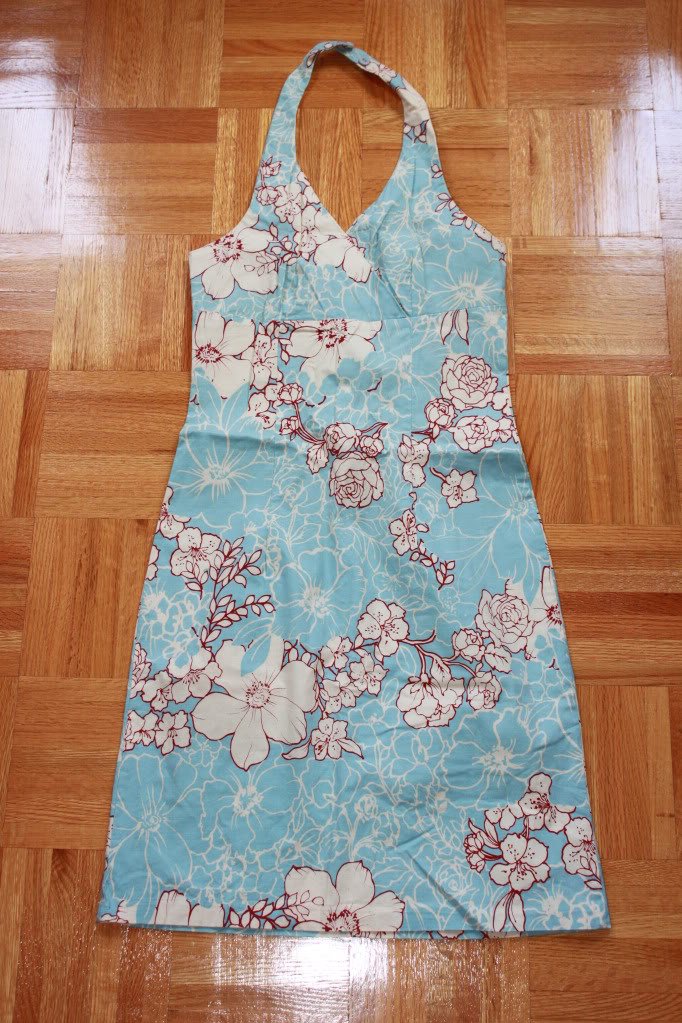 LIGHT BLUE FLORAL HALTER SUMMER DRESS FITTED FRONT CROSSOVER BACK ZIP SMALL