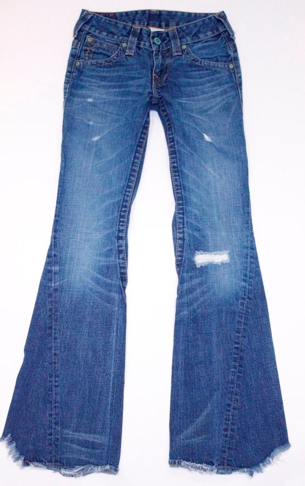 TRUE RELIGION JEANS Blue Skinny Flare Distress Torn Rip Style 26 Low Rise