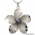 Hawaiian Silver Plumeria Dark Blue Pearl Silver Pendant Necklace 22mm PP10104