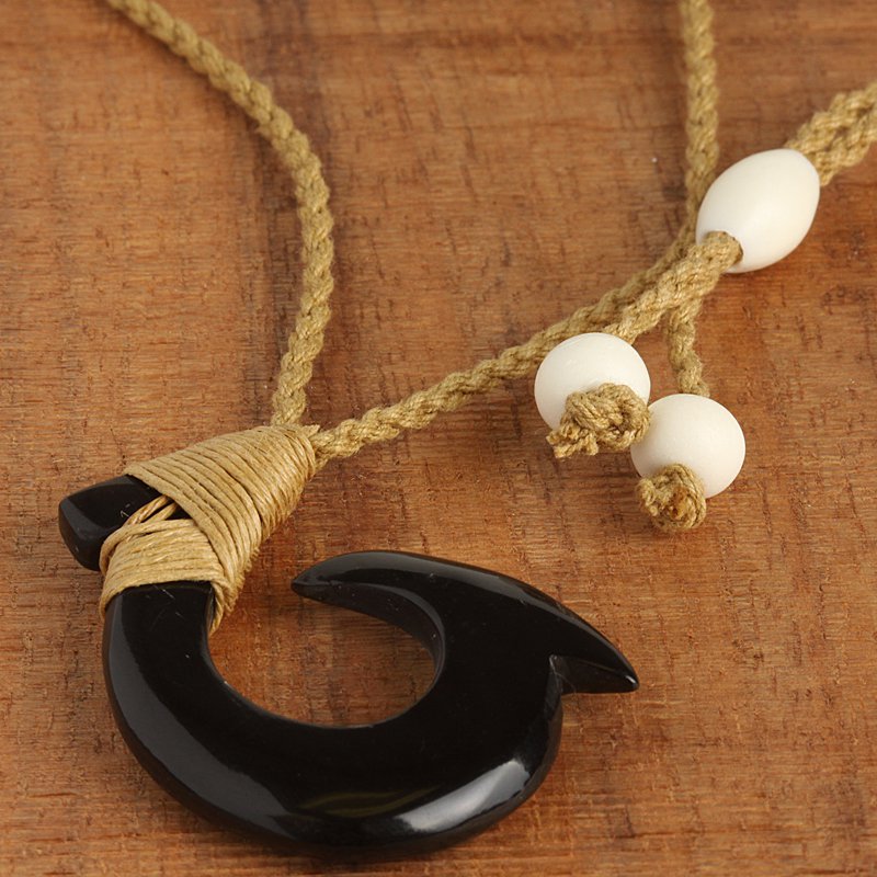 Hawaiian Jewelry Water Buffalo Horn Fish Hook Necklace KOA1104