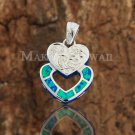 Sterling Silver Blue Opal Hand Made Scroll Engraving Double Heart Pendant SOP2113