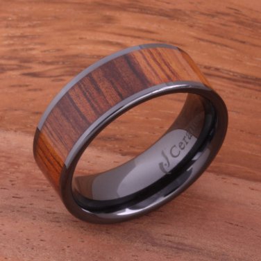 Natural Koa Wood High-tech Black Ceramic Wedding Ring Flat 8mm TUR4007