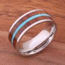 Natural Hawaiian Koa Wood and Turquoise Inlaid Stainless Steel Flat 8mm SLR6307