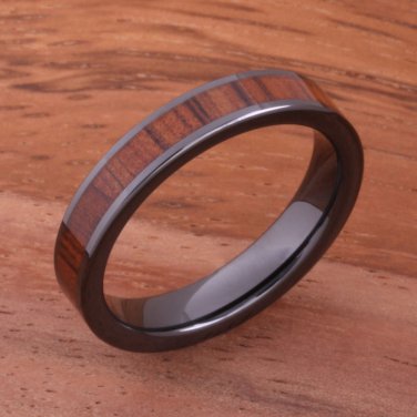 Natural Koa Wood High-tech Black Ceramic Wedding Ring Flat 4mm TUR4009