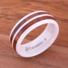 Koa Wood Inlaid High Tech White Ceramic Double Row Wedding Ring 8mm TUR4019