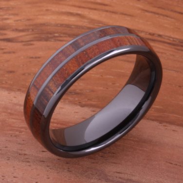 Koa Wood Inlaid High Tech Black Ceramic Double Row Wedding Ring 6mm TUR4012