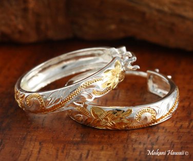 Sterling Silver Two-Tone YG Plated Hawaiian Scroll Hoop Earrings (L) SE40505