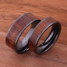 Koa Wood Inlaid High Tech Black Ceramic Wedding Ring Set Flat TUR4007/TUR4008