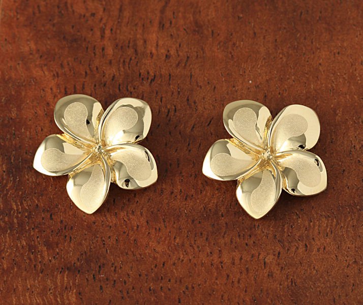 14K Solid Gold Plumeria Flower Post Earrings Hawaiian Heirloom Jewelry