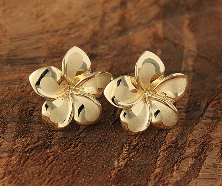 14K Solid Gold Plumeria Flower Post Earrings Hawaiian Heirloom Jewelry