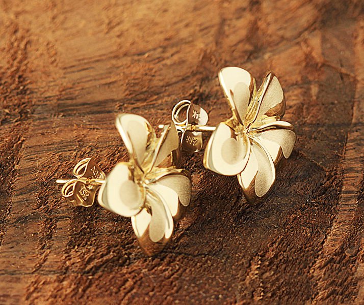 14K Solid Gold Plumeria Flower Post Earrings Hawaiian Heirloom Jewelry