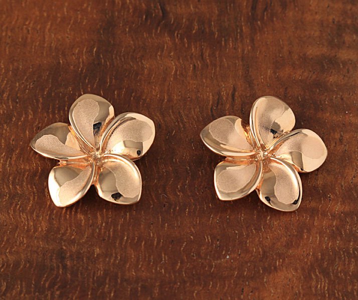 14K Solid Gold Plumeria Flower Post Earrings Hawaiian Heirloom Jewelry