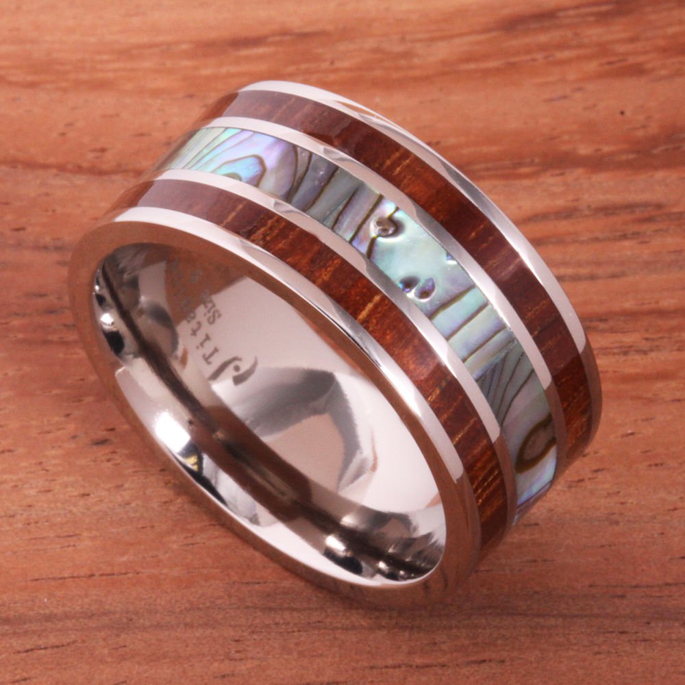 Natural Hawaiian Koa Wood Abalone Titanium Wedding Ring