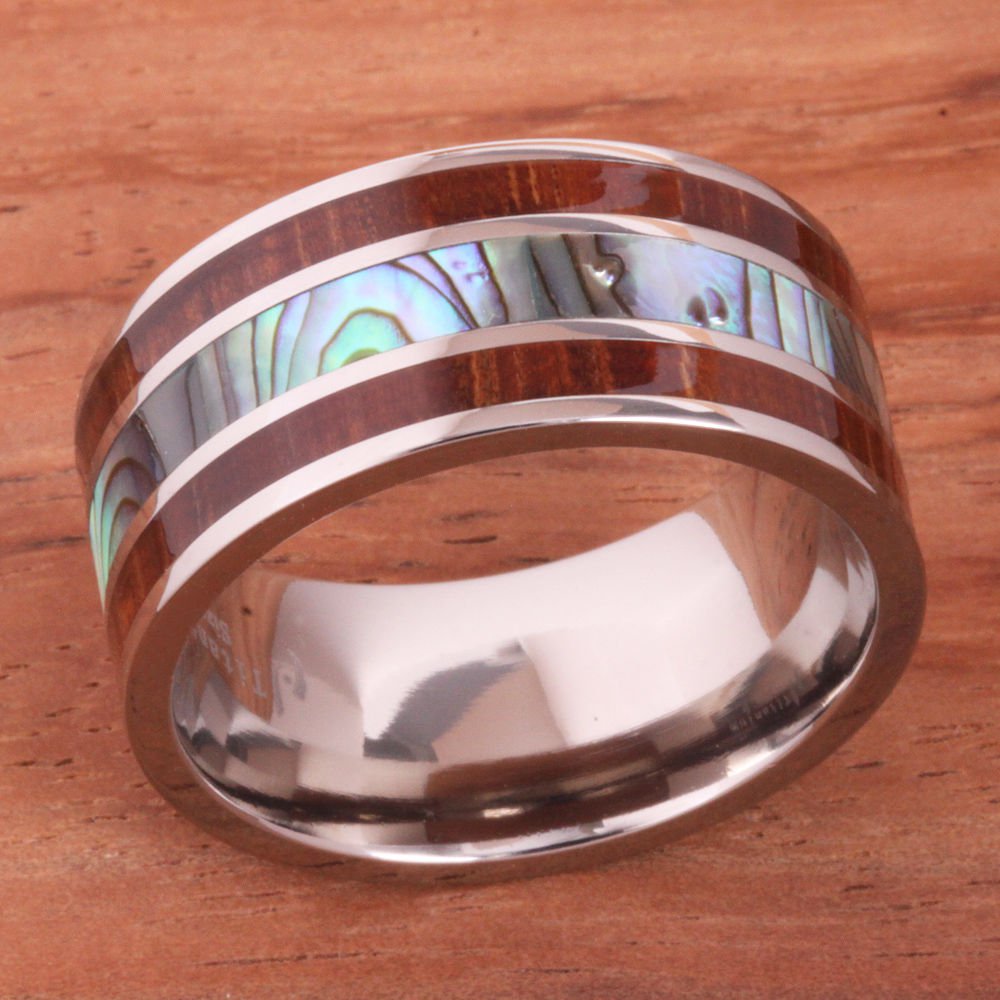 Natural Hawaiian Koa Wood Abalone Titanium Wedding Ring Mens Ring 10mm ...