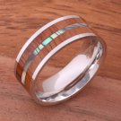 Koa Wood and Abalone Inlaid Stainless Steel Flat Wedding Ring 8mm SLR6305