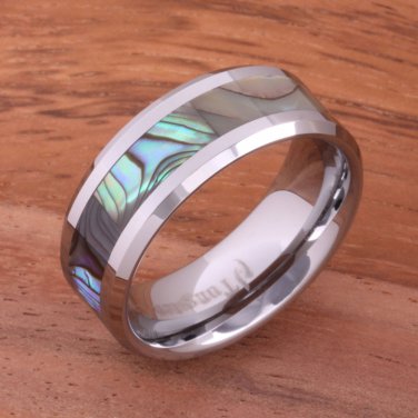 Abalone Shell Inlaid Tungsten Beveled Edge Wedding Ring 8mm TUR1010