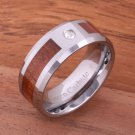 Natural Hawaiian Koa Wood Inlaid Tungsten with CZ Beveled Edge Ring 8mm TPX152