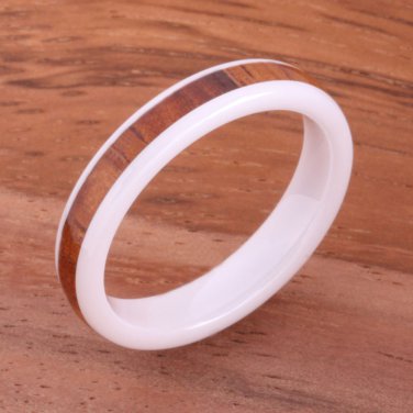Natural Koa Wood High-tech White Ceramic Wedding Oval Ring 4mm TUR4018