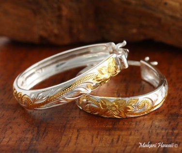 Sterling Silver Two-Tone YG Plated Hawaiian Scroll Hoop Earrings (L) SE40405