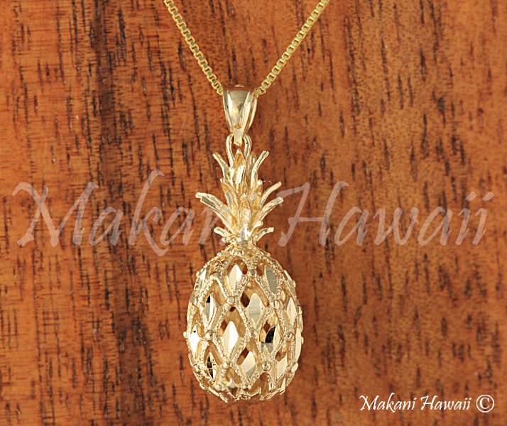 ASJ 14K Solid Yellow Gold Hawaiian 3D Pineapple Necklace Pendant