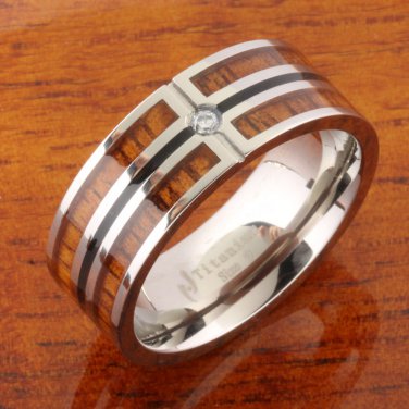 Koa Wood Titanium Wedding Ring with CZ Inlaid Mens Wedding Ring 8mm TIR6001