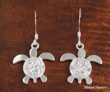 Sterling Silver Hawaiian Scroll Sea Turtle (Honu) Hook Earrings SE41701