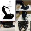 HOT NEW BLACK SUEDETTE CURVED HEEL SANDALS STRAP  OPEN TOE WEDGE 7.5