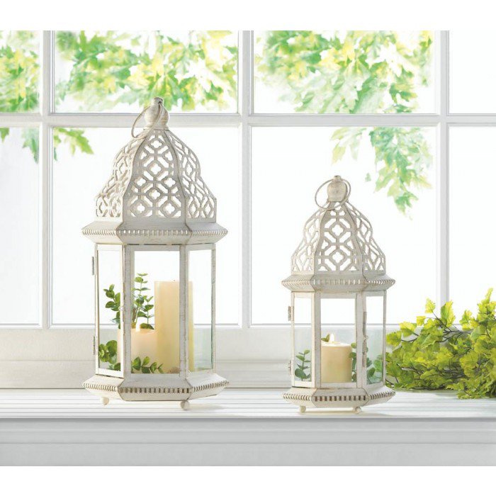 Large White Distressed Finish Candle Lantern