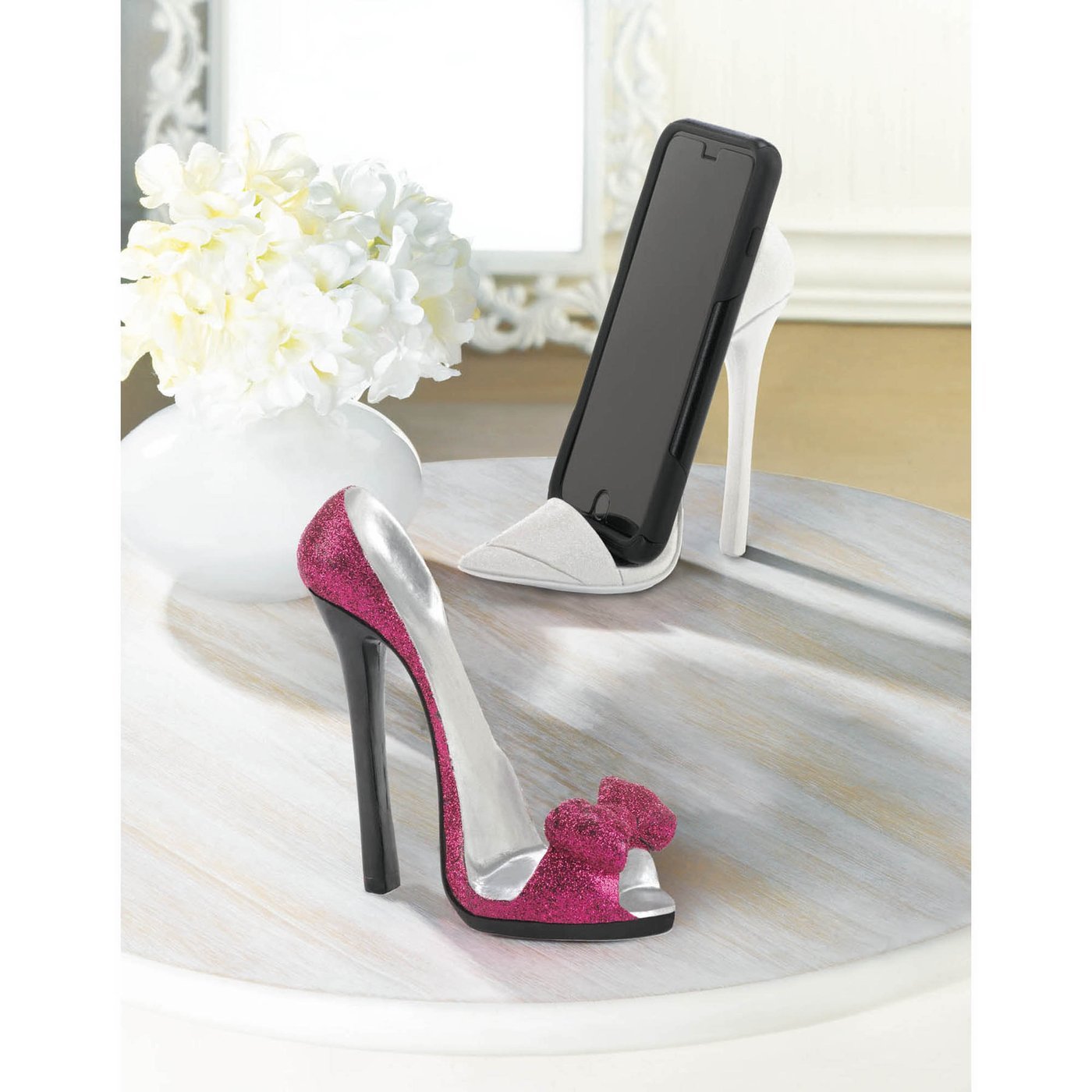 White Sparkle Stylish Shoe Cell Phone Holder