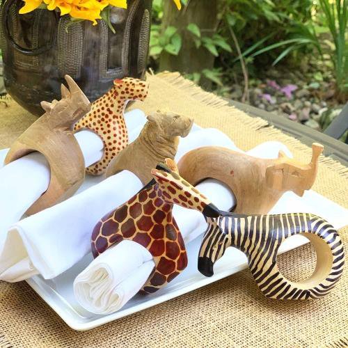 SET/6 Mahogany Wood Hand Carved Animal Napkin Rings
