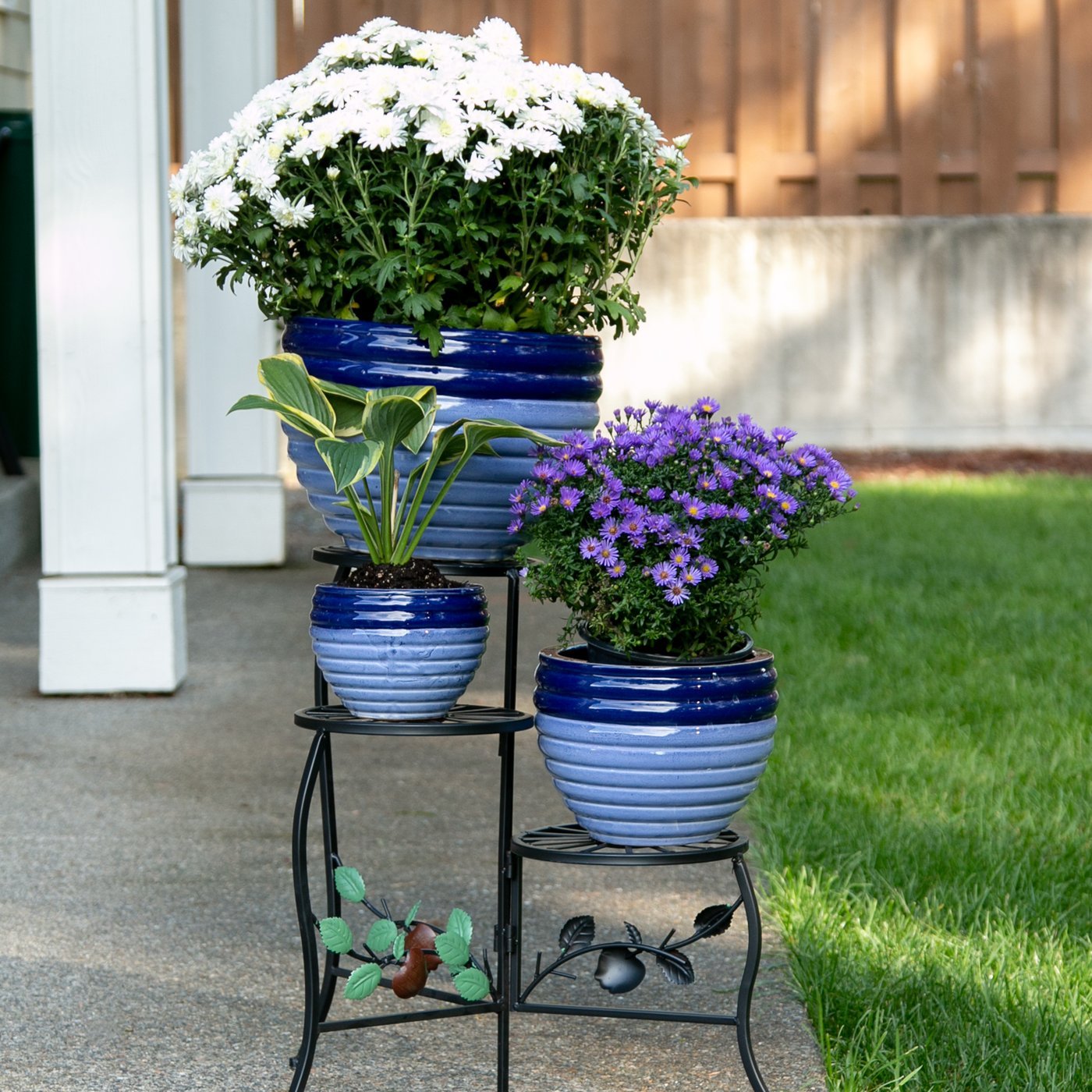 SET OF 3 TWO TONE BLUE CERAMIC PLANT POTS