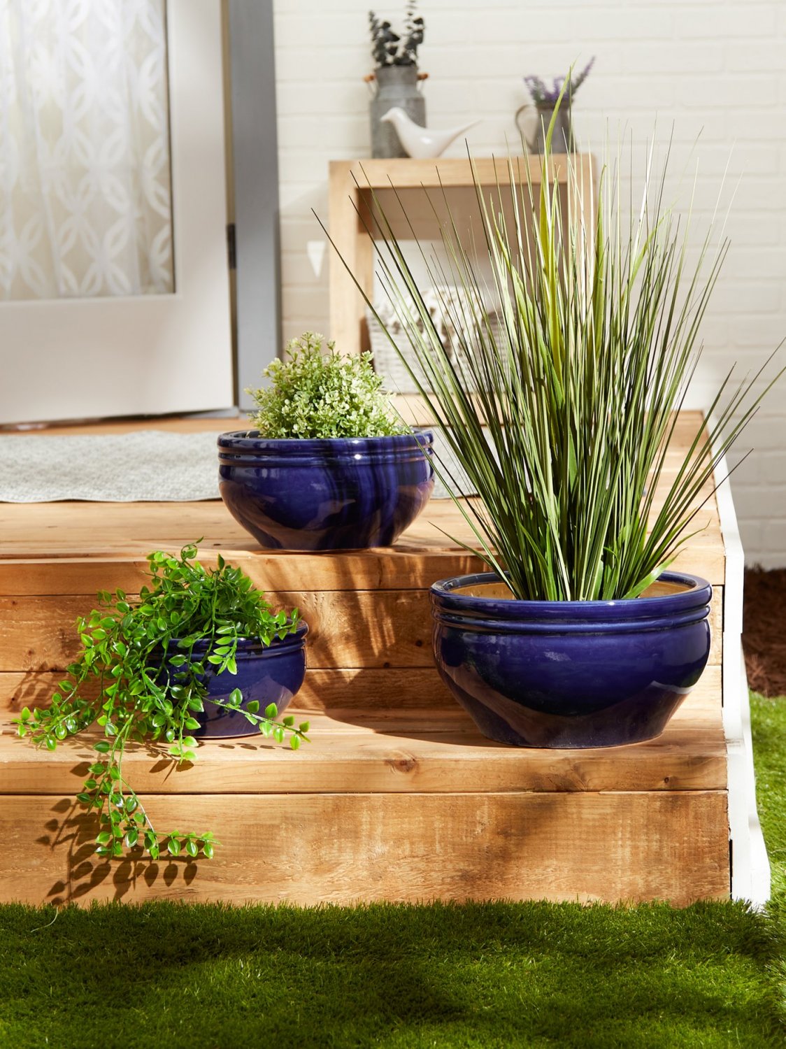 SET OF 3 CERAMIC OCEAN BLUE PLANT POTS
